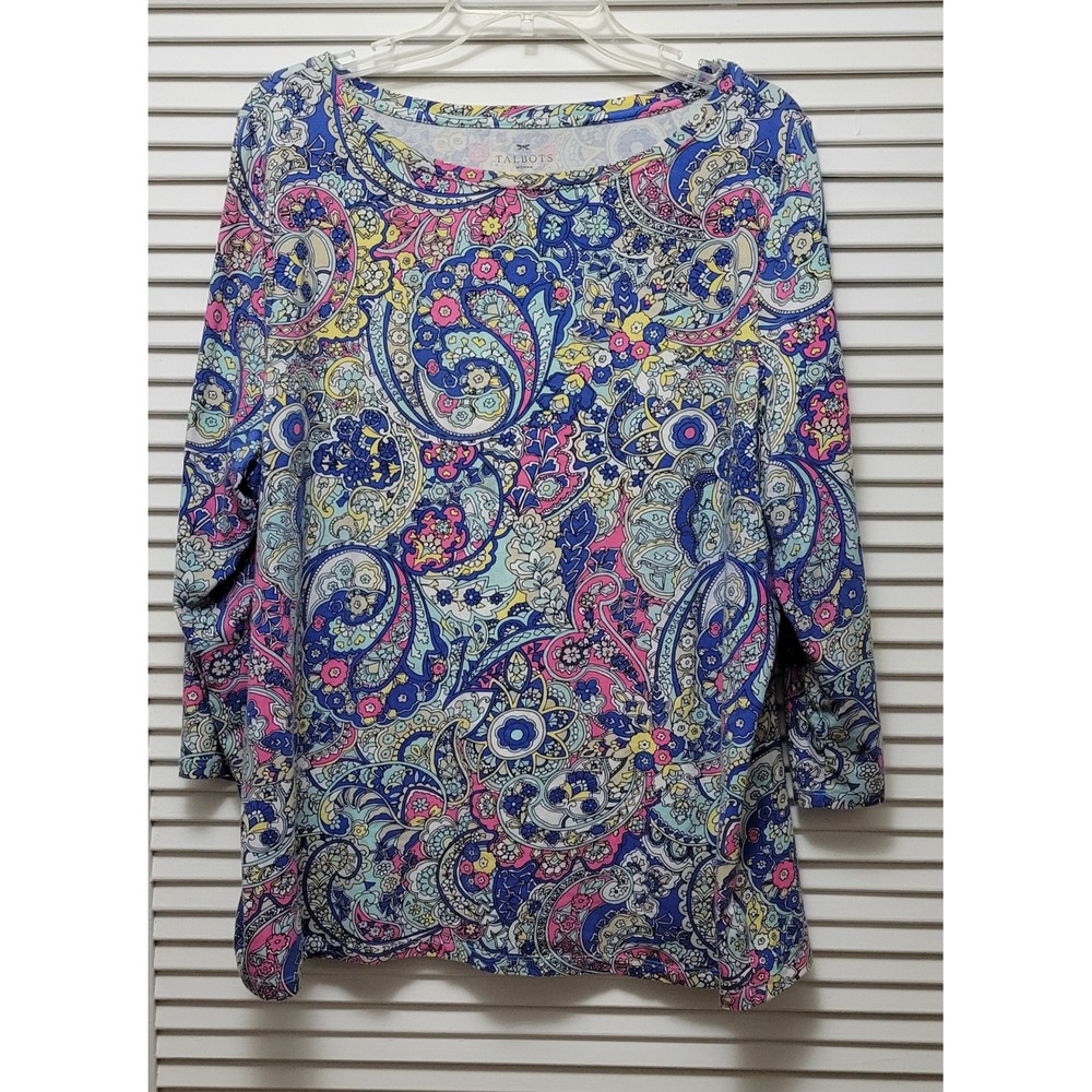 Paisley Print Knit Top Blue Pink Yellow 3/4 Sleeve Boat Neck Talbots Woman 2X